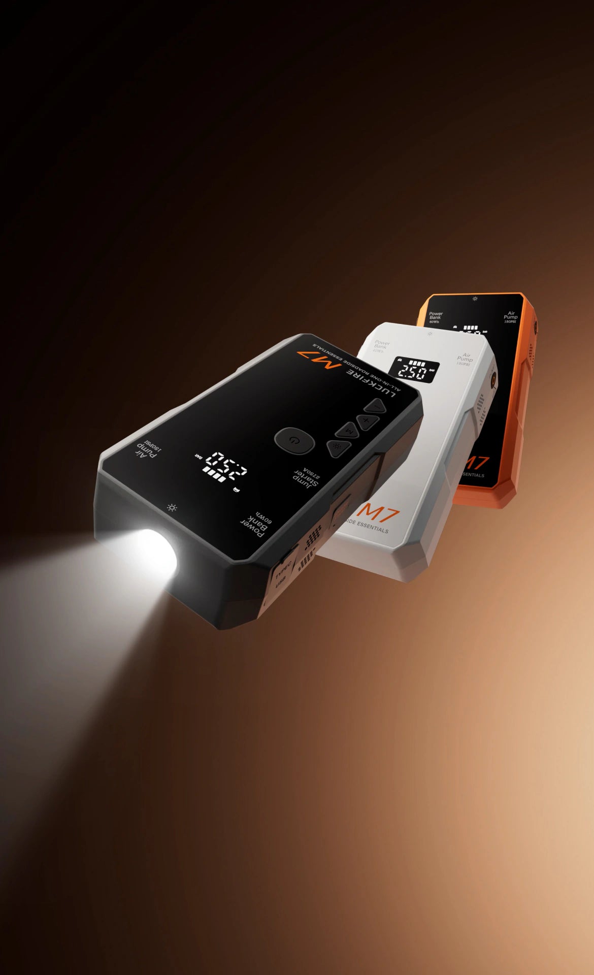 Luckfire M7 jump starter in black, white and orange